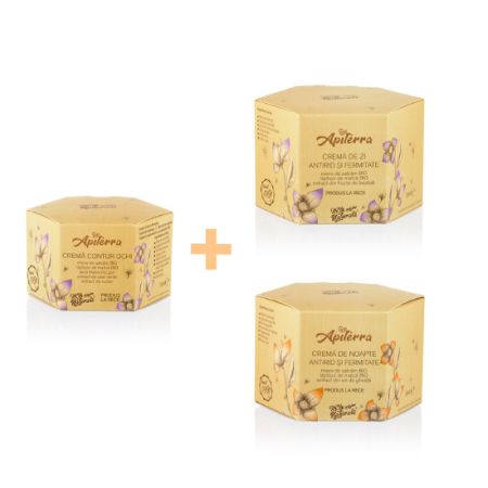 Pachet Apiterra Crema de zi antirid si fermitate, 30 ml + Crema de noapte antirid si fermitate, 50 ml + Crema contur ochi, 15 ml