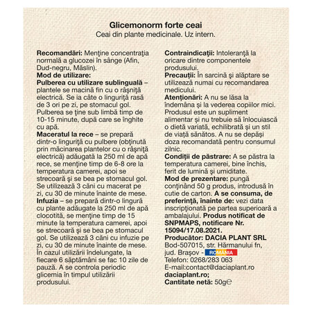 Ceai Glicemonorm Forte, 50 g, Dacia Plant 808370