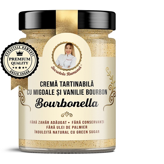 Crema tartinabila cu migdale si vanilie bourbon Bourbonella, 350 gr, Secretele Ramonei