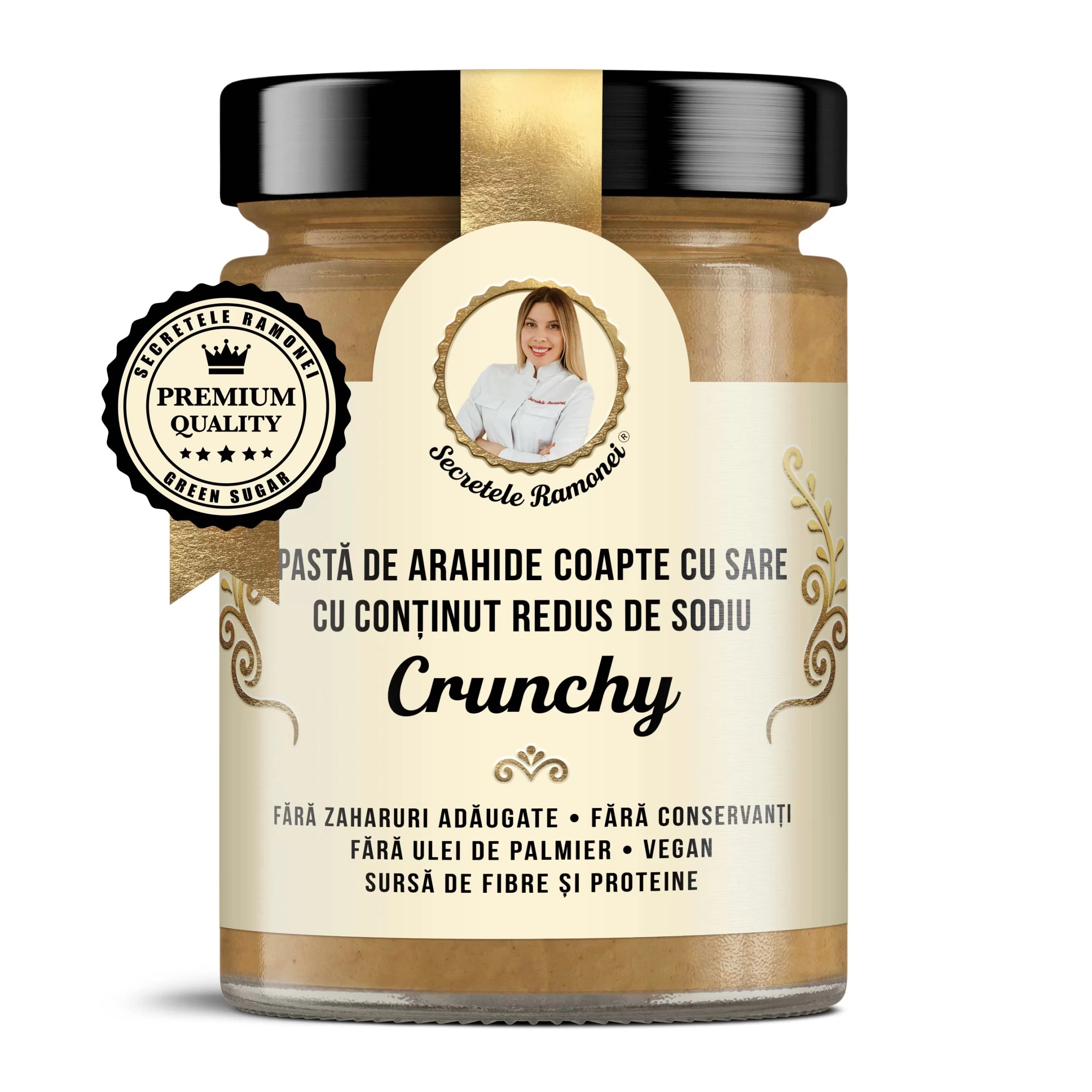 Pasta de arahide coapte cu sare cu continut redus de sodiu Crunchy, 350g, Secretele Ramonei