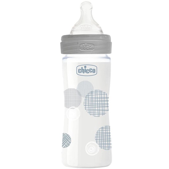 Biberon Well Being din sticla, cu tetina silicon flux lent, unisex, 0 luni, 240ml, Chicco