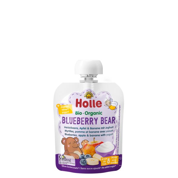 Piure Bio din Afine, Mere si Banane cu iaurt Blueberry Bear, 85g, Holle