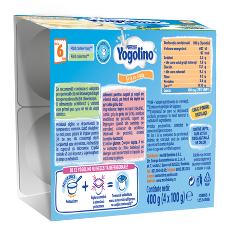Gustare din gris cu lapte si vanilie Yogolino, +6 luni, 4x100g, Nestle 643480