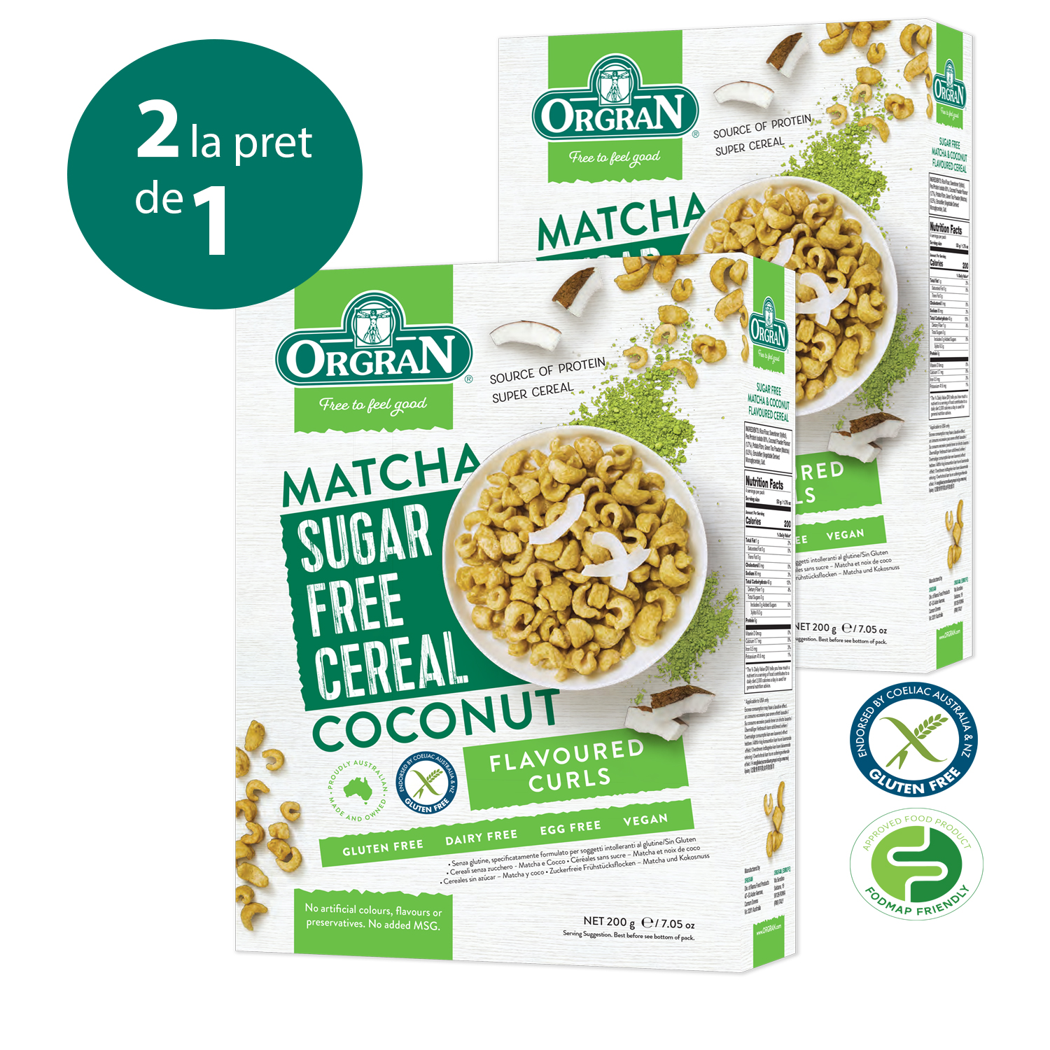 Pachet Cereale fara zahar cu matcha si nuca de cocos, 2 x 200g, Orgran