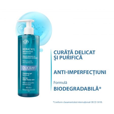 Gel spumant de curatare pentru pielea cu tendinta acneica Keracnyl, 400 ml, Ducray 570192