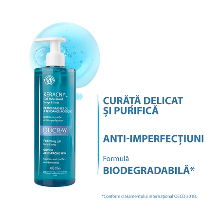 Gel spumant de curatare pentru pielea cu tendinta acneica Keracnyl, 400 ml, Ducray 570192