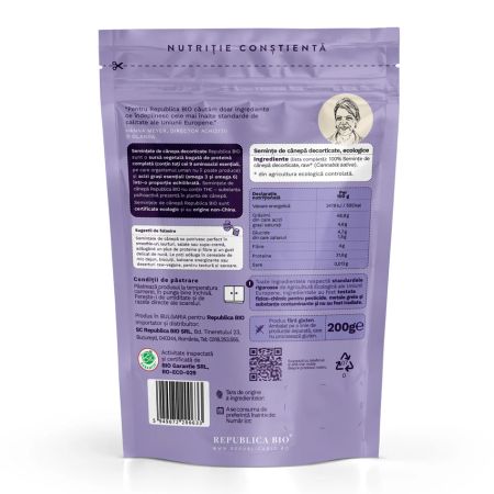 Seminte de canepa decorticata, fara gluten, 200g, Republica Bio 758737