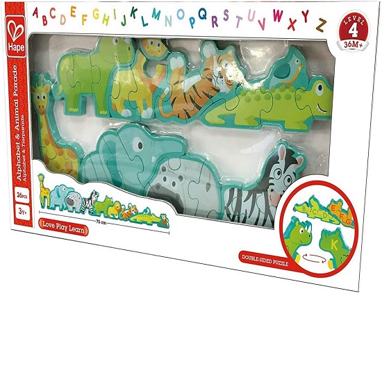 Puzzle din lemn Alfabet si Animale, +3 ani, 26 piese, Hape