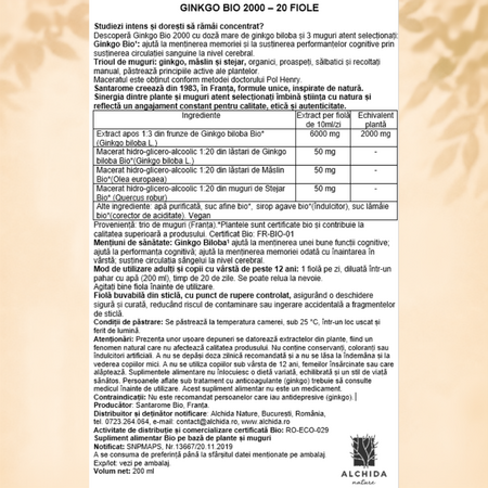 Ginkgo 2000 Bio, 20 fiole x 10 ml, Santarome Nature 806618