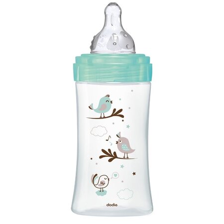 Biberon din sticla pentru initiere anti-colici, Pasari, 270 ml, 0-6 luni, Dodie 477730