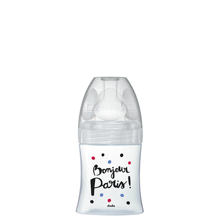 Biberon din sticla cu functie senzoriala si tetina plata anti-colici Debit 1 Paris, 0-6 luni, 150 ml, Dodie 533533