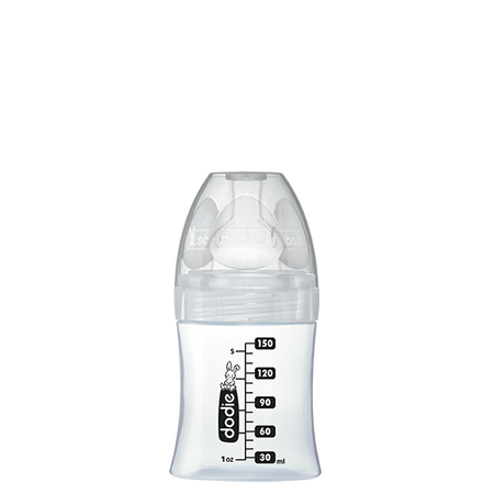 Biberon din sticla cu functie senzoriala si tetina plata anti-colici Debit 1 Paris, 0-6 luni, 150 ml, Dodie 533534