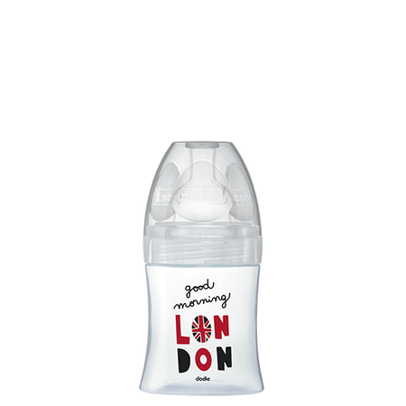 Biberon din sticla cu functie senzoriala si tetina plata anti-colici Debit 1 Londra, 0-6 luni, 150 ml, Dodie 533509