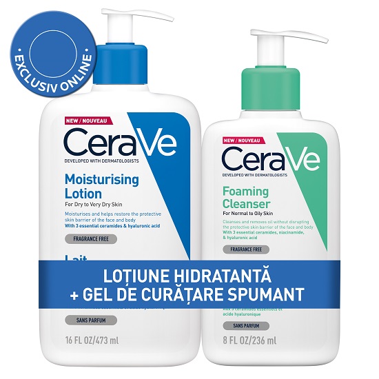 Pachet Lotiune hidratanta si Gel de curatare pentru piele normala-grasa, 473 ml + 236 ml, CeraVe