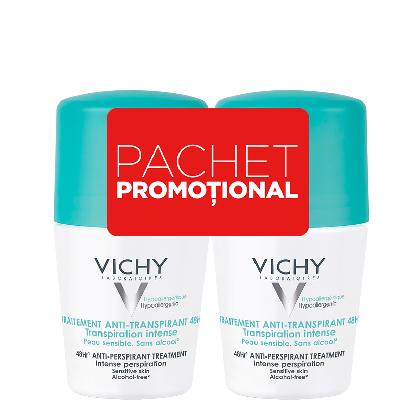 Pachet Tratament roll-on anti-perspirant 48h, 2x50 ml, Vichy