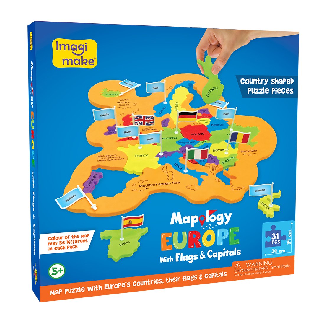 Puzzle Educativ Harta Europei cu Steaguri si Capitale, +5 ani, 31 piese, Imagimake