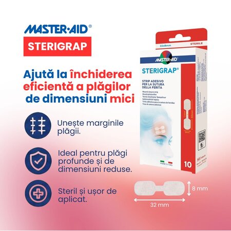 Plasture steril pentru suturarea ranii Sterigrap 32x8 mm, 10 bucati, Master-Aid 805449