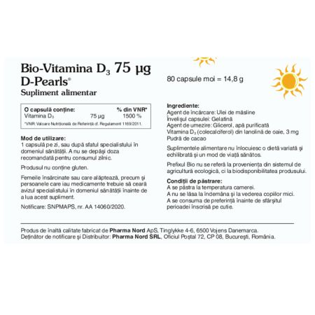 D-Pearls Bio-Vitamina D3, 3000 UI, 80 capsule, Pharma Nord 612570