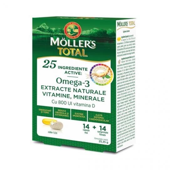 Omega 3 cu Vitamina D, 800 UI, 14 capsule + 14 comprimate, Moller`s Total