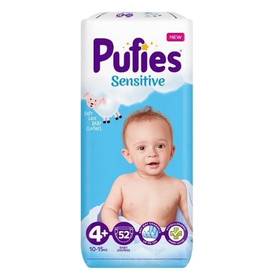 Scutece Sensitive Marimea 4+, 52 bucati, 10-15 kg, Pufies