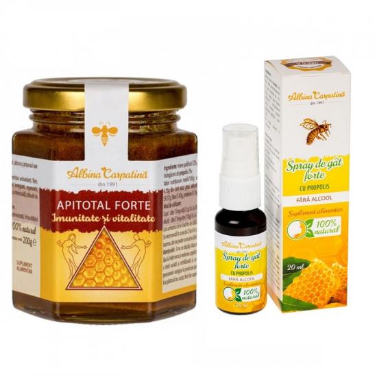 Pachet Imunitate si vitalitate Apitotal Forte 200 g + Spray de gat forte cu propolis fara alcool 20 ml, Albina Carpatina