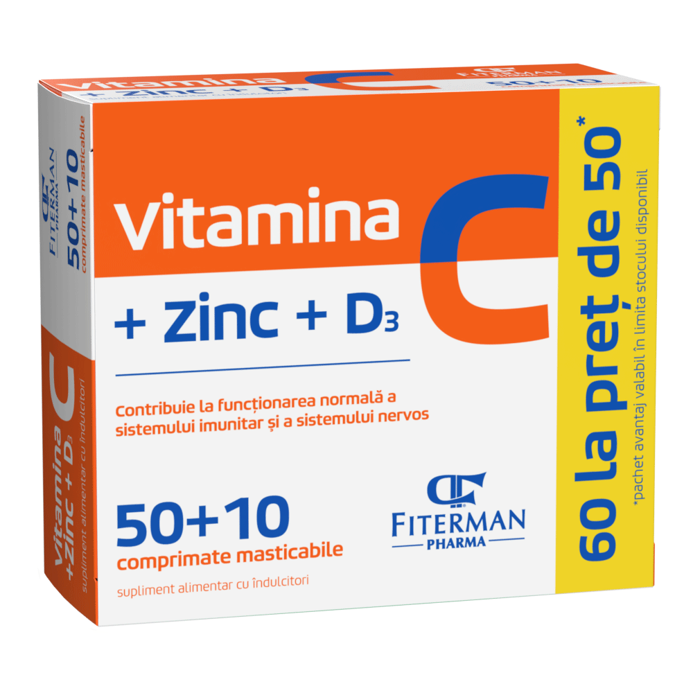 Vitamina C, Zinc si D3, 60 comprimate mestecabile, Fiterman