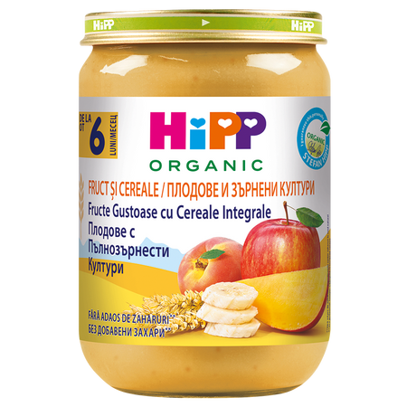 Piure din fructe gustoase si cereale integrale, +6 luni, 190 g, Hipp