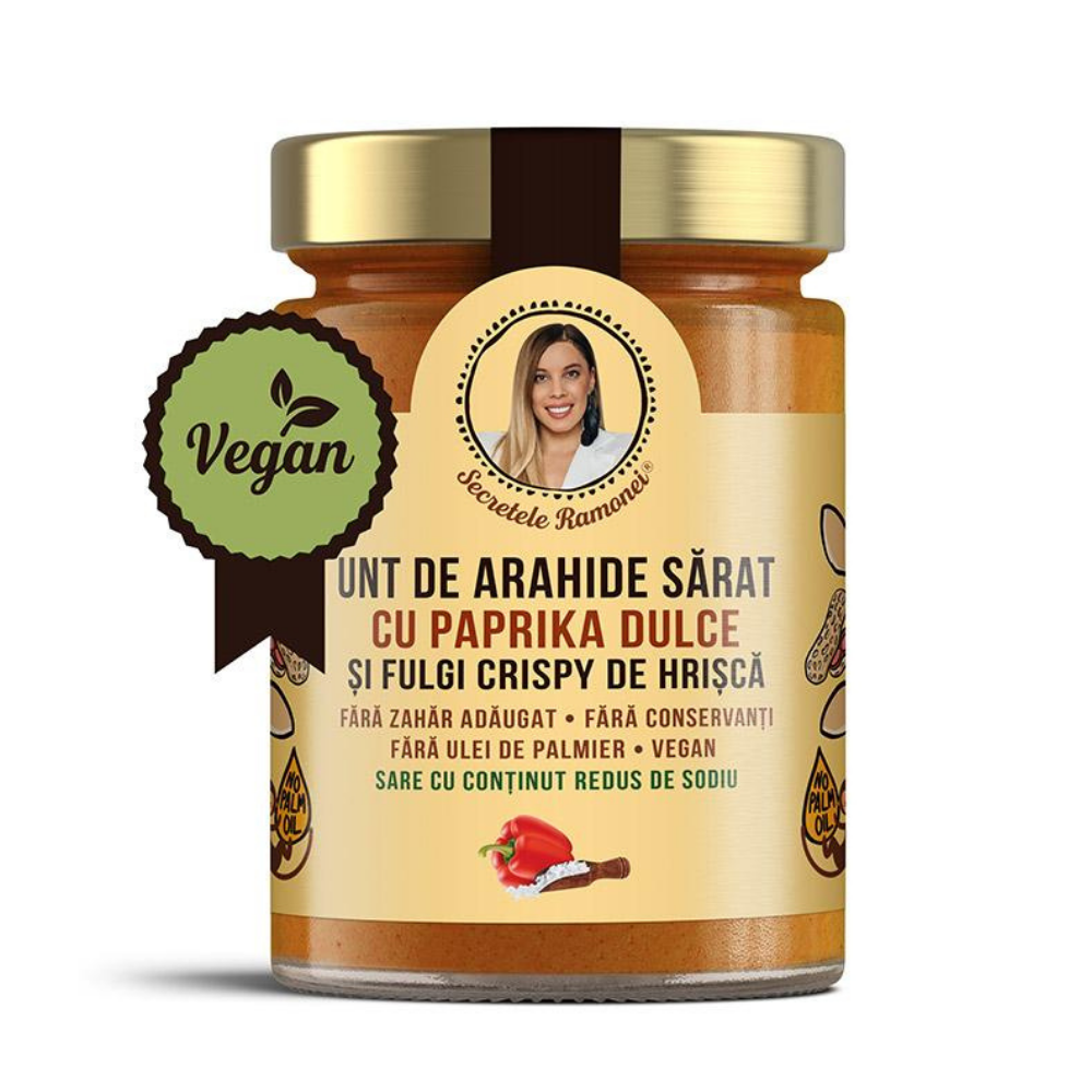 Crema de arahide sarat cu paprika dulce si fulgi crispy de hrisca, 350g, Secretele Ramonei