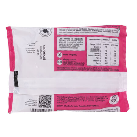 Sanatele Bio cu ciocolata neagra si zmeura, 2 bucati, fara gluten, 28 g, Republica Bio 763307