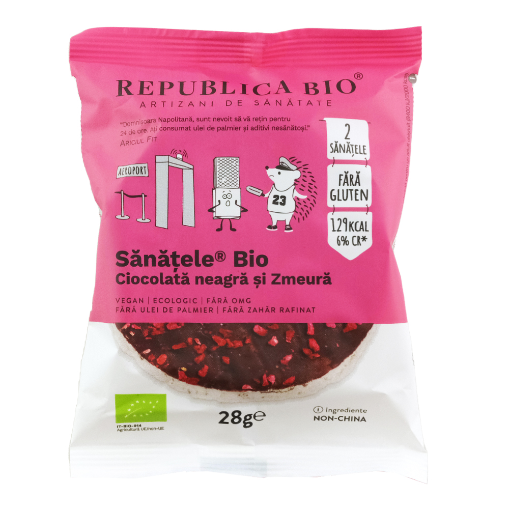 Sanatele Bio cu ciocolata neagra si zmeura, 2 bucati, fara gluten, 28 g, Republica Bio