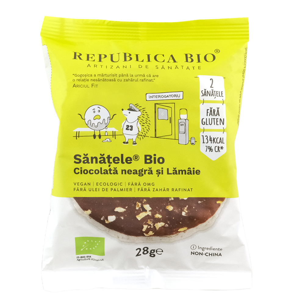 Sanatele Bio cu ciocolata neagra si lamaie, 2 bucati, fara gluten, 28 g, Republica Bio