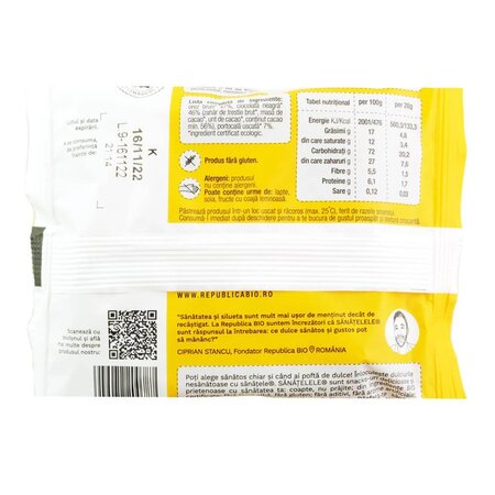 Sanatele Bio fara gluten, Ciocolata neagra si Portocala,2 bucati, 28 g, Republica Bio 763303