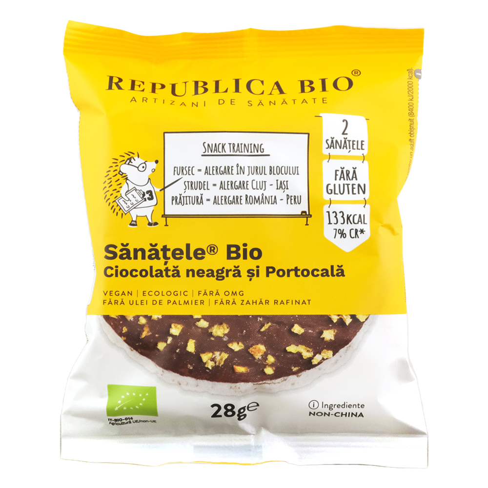 Sanatele Bio fara gluten, Ciocolata neagra si Portocala,2 bucati, 28 g, Republica Bio