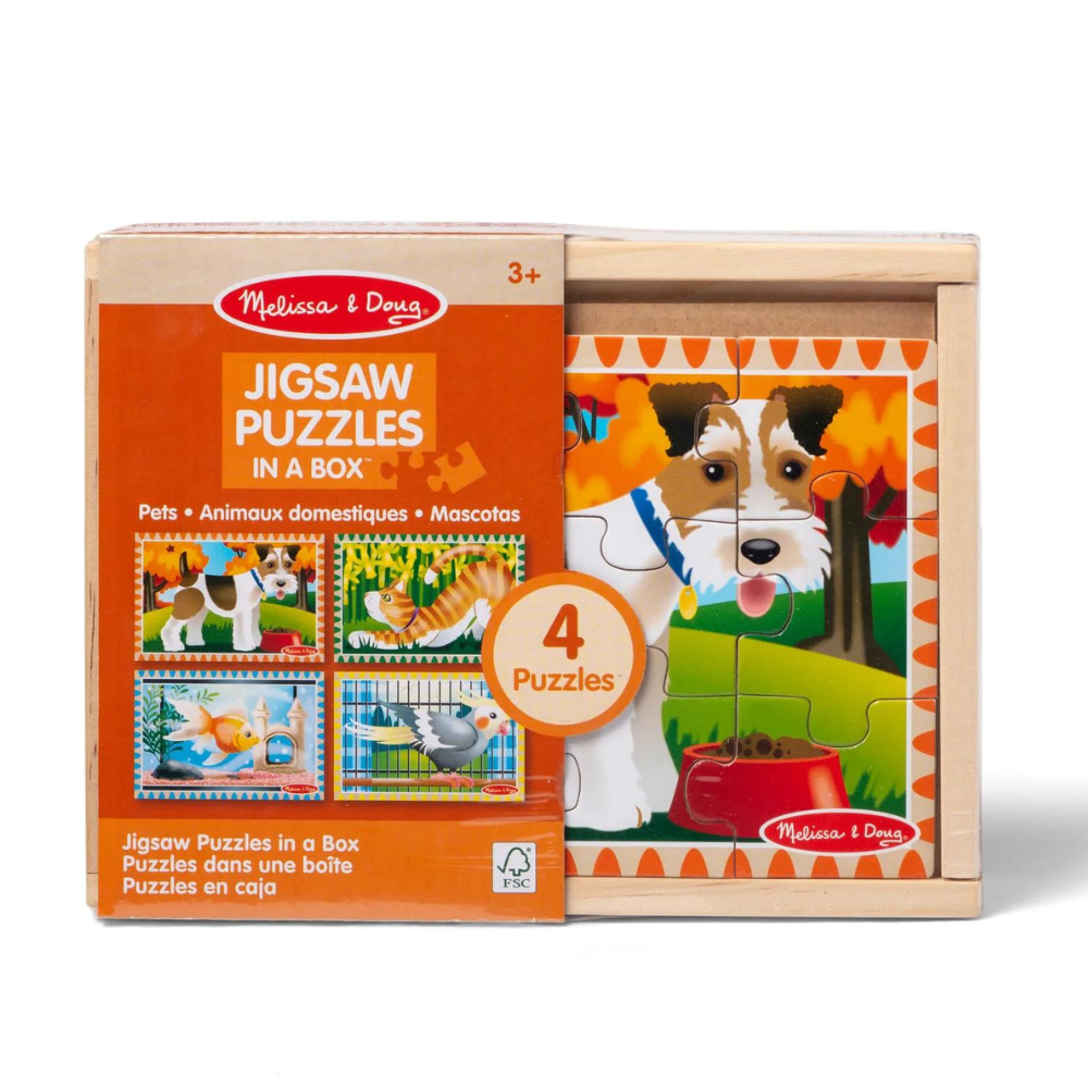 Set 4 puzzle din lemn in cutie Animale de companie, +3 ani, 12 piese, Melissa and Doug