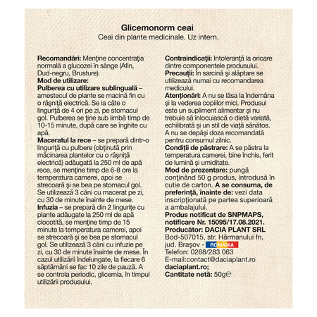 Ceai Glicemonorm, 50 g, Dacia Plant 808333