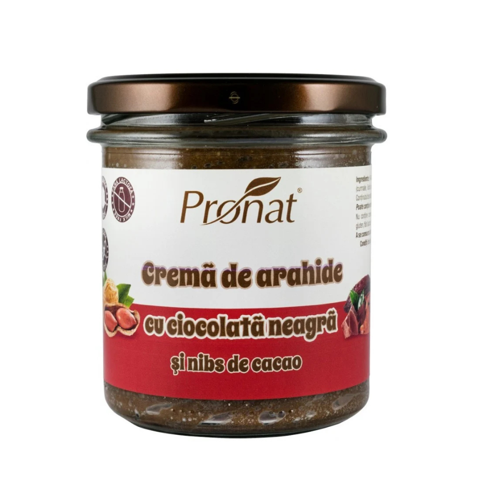 Crema de arahide cu ciocolata neagra si nibs de cacao, 300 g, Pronat