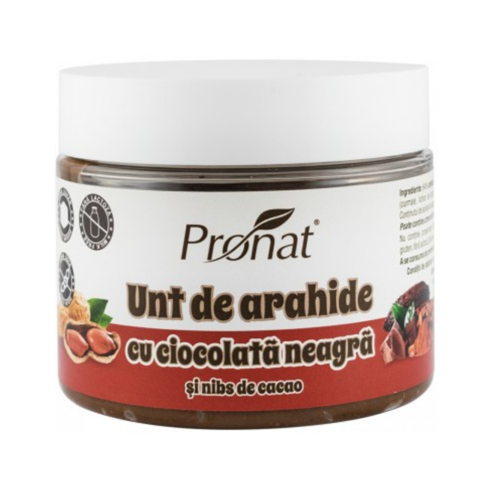 Crema de arahide cu ciocolata neagra si nibs de cacao, 300 g, Pronat