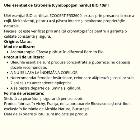 Ulei esential de Citronella bio, 10 ml, Born to Bio 673743