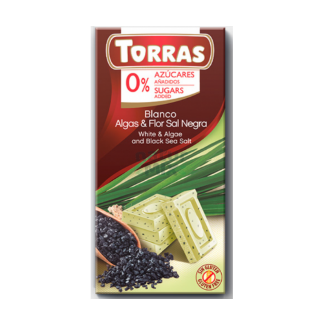 Ciocolata alba cu alge si sare de mare neagra, fara zahar, 75 g, Torras