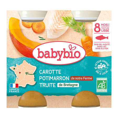 Piure bio pastrav, dovleac si morcov, +8 luni, 2 x 200 g, Babybio