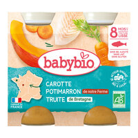 Piure bio pastrav, dovleac si morcov, +8 luni, 2 x 200 g, Babybio