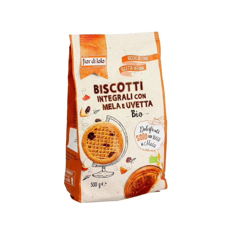 Biscuiti bio integrali cu mere si stafide indulciti cu suc de mere, 300g, Fior di Loto 