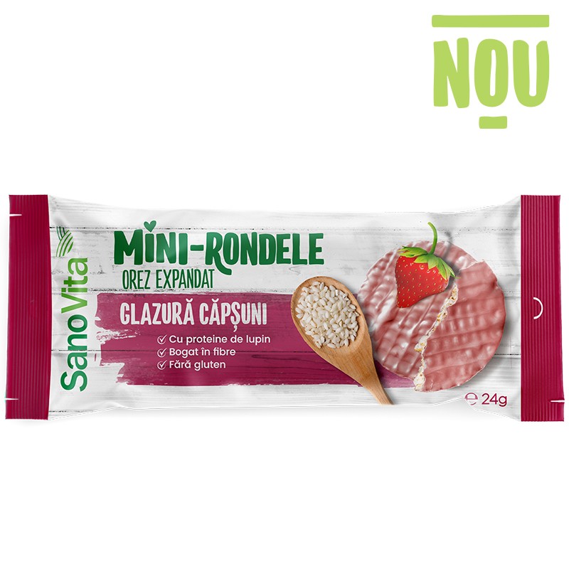 Mini rondele din orez cu glazura de capsune, 24 g, Sanovita