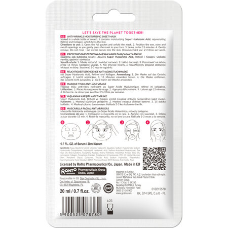 Masca faciala Anti-Aging cu Acid Super Hyaluronic, Retinol & Collagen, fara parfum, 20 ml, Hada Labo Tokyo 802059