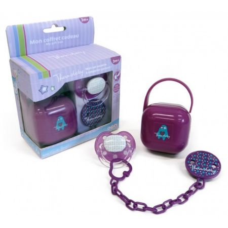 Set suzeta din silicon, lantisor cu clip, cutie depozitare, mov