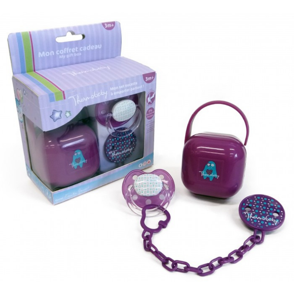 Set suzeta din silicon, lantisor cu clip, cutie depozitare, mov, +3 luni, Thermobaby