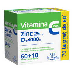 Vitamina C 1000 mg + Zn 25 mg + D3 4000UI, 60 + 10 comprimate filmate, Fiterman