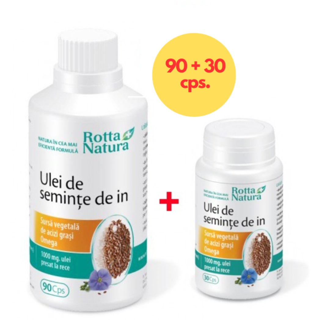 Pachet Ulei seminte de in, 1000 mg, 90 + 30 capsule, Rotta Natura