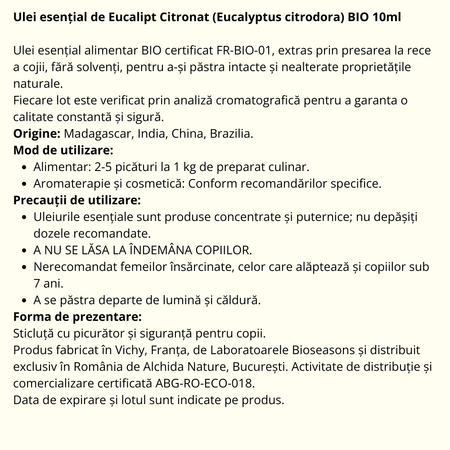 Ulei esential de Eucalipt Citronat Bio, 10 ml, Born to Bio 673699