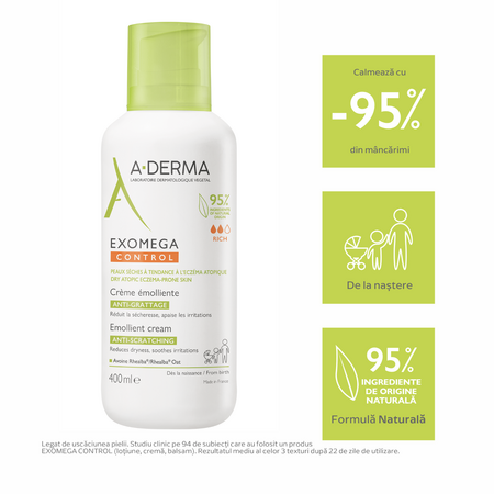 Crema emolienta piele uscata cu tendinta atopica Exomega Control, 400 ml, A-Derma 646600